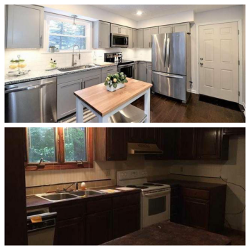 The before picture of a dark and outdated kitchen and the view of the light and modern kitchen remodeled by ATM Contracting LLC.
