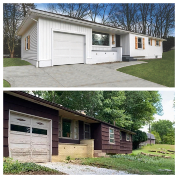 The before image of the front outside of an outdated brown house and the after with the modern white trim and wood window trim that ATM Contracting LLC completed.