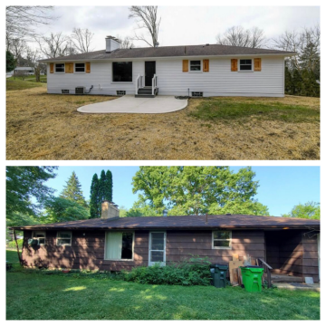The before image of the back outside of an outdated brown house and the after image with the modern white trim and wood window trim that ATM Contracting LLC remodeled..