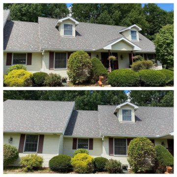 Two views of the front of a two story house and the roof done by ATM Contracting LLC.
