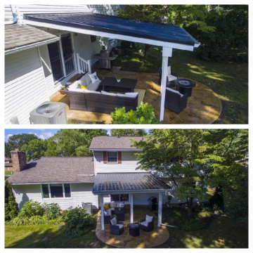 Two higher views of an outside patio that has a roof built by ATM Contracting LLC.