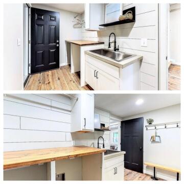 Two views of the entry way with a sink  a bench, a counter and hanging rack.